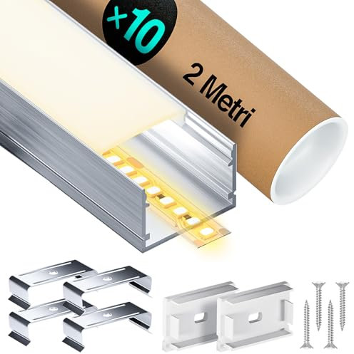 LUSLUX 2m U-förmiges LED-Aluminiumprofil, 10 LED-Kanäle für LED-Lichtstreifen, mit milchigem Diffusor, Endkappen und Clips für DIY LED-Beleuchtungsprojekte (SP37)