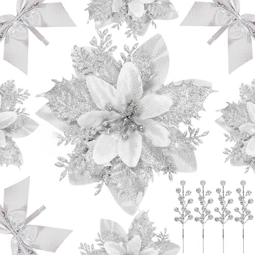 DEEMEI 12Sets Christmas Decorations Set Glitter Poinsettia with Clips Stems Berries Bows Ornaments for Xmas Tree Wreath Garland Gifts Decor (Silver)