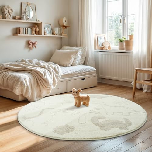 the carpet Elisa Kids Teppich für Kinderzimmer, Kinderteppich, Spielteppich, Pflegeleicht, strapazierfähige, Dino, 120 cm Rund