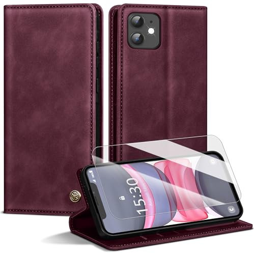 Handyhülle für iPhone 11 Hülle,Premium Lederhülle für iPhone 11 [Mit 1 Stück Panzer Schutz Glas] Magnet Kartenfach Klapphülle Schutzhülle für iPhone 11,Weinrot