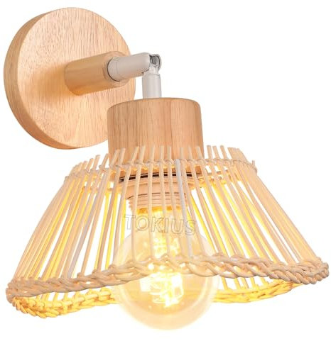 TOKIUS Applique Murale Interieur Vintage Lampe Murale Industrielle en Métal et Bambou Plafonniers Luminaires E27 Rétro Réglable 180° éclairage Mural Cuisine Salon (A-en Bambou-1)