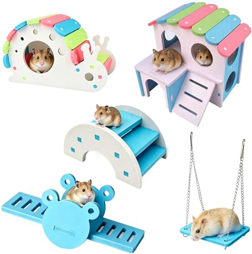 PERSENTU Hamster Toy Set, 5Pcs Hamster Toys Set Rainbow, DIY Pine Guinea Pigs Toy, Including Hamsters House Seesaw Bridge And Swing, Hamsters Cage Accessories for Gerbil Mouse and Small Pets