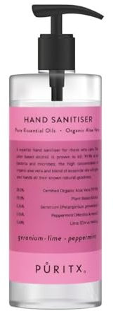 Puritx Organic Geranium, Lime & Peppermint Natural Aloe Vera Vegan Hand Sanitiser 250ml Pump Size
