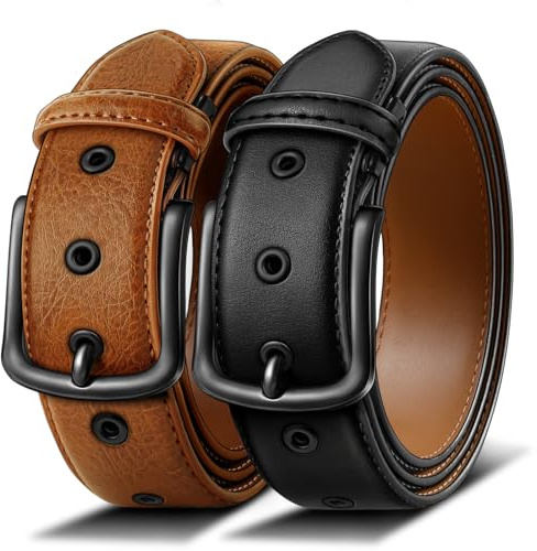 KEMISANT Gürtel Herren 2er Pack Einstellbarer Ledergürtel für Geschenke 38mm,7 Metalllöcher,Zum Schneiden Geeignet(Schwarz/Orange Braun,130cm/44-46 taille verstellbar)