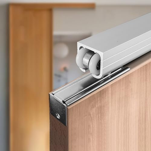 Rail Porte Coulissante Rail supérieur de porte de placard à miroir coulissant, quincaillerie de porte escamotable coulissante en douceur 100 122 254 CM, système de suivi de(Silver,96inch/8ft/244cm)