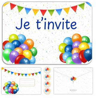 marelle CREATIVE MINDS 12 Cartes Invitation Anniversaire Enfant Fille et Garçon + 12 Enveloppes Assorties et 12 Autocollants Ballons - Préremplies en Français - 15 x 10,5 cm