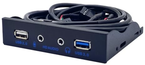 Uhidka Concentrateur USB 3.0 à 2 Ports avec HD Audio 3,5 Mm, Prise Casque et Interface Microphone en Façade pour PC, 20 Broches, Baie 3,5 Pouces, Noir