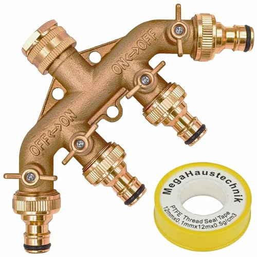 MegaHaustechnik Verteiler 4-Wege Messing, Zulauf: Adapter 1/2 + 3/4 Zoll Innengewinde Überwurf mit Dichtung, 4 Kugelventile, Ausläufe: Messing Stecker passend für Gardena Buchse, 3-Loch Entlastung