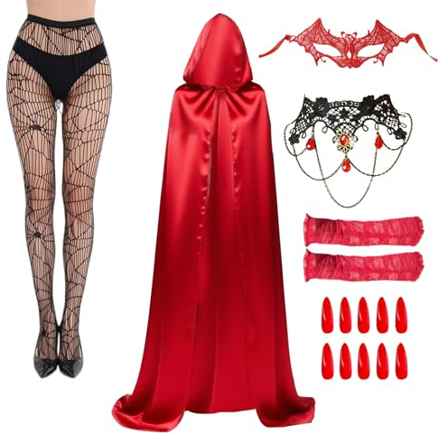 XDGBGFN Vampir Kostüm Set mit Umhang Spinne Strümpfe Künstliche Nägel und Zubehör Teufel Kostüm für Damen Halloween Karneval Cosplay