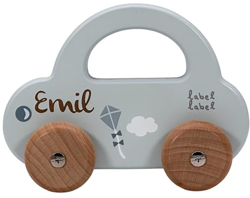Mainely Personalisierbares Holz-Auto Blau – fördert Feinmotorik & Rollenspiel – für Kinder ab 1 Jahr – mit Namen personalisiert – Label Label