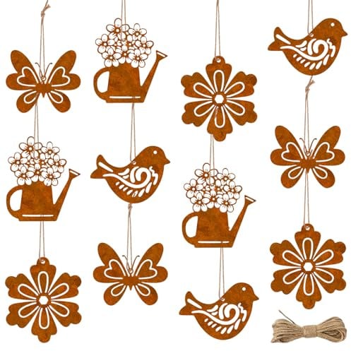 Frühlingsdeko Hängedeko, 12 Stück Gartendeko Rost, Metall Schmetterling Vogel Blumen Gießkanne deko Hängend, Ostern deko Rost draußen mit Seil,Hängedeko Set für Fenster,Outdoor,Garten