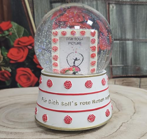 Foto-Schneekugel Rosen | Glas gefüllt mit Wechselrahmen | Höhe: 140mm, Breite: 100mm | Sockel mit Aufschrift Für Dich solls rote Rosen regnen | Valentinstag Muttertag | 10004