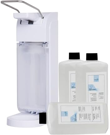 Blanc HYGIENIC Desinfektionsspender Universal – Armhebel-Spender, Abtropfschale und 2 x 500 ml Desinfektionsmittel, ergiebige Händedesinfektion, Dosierung einstellbar, Weiß