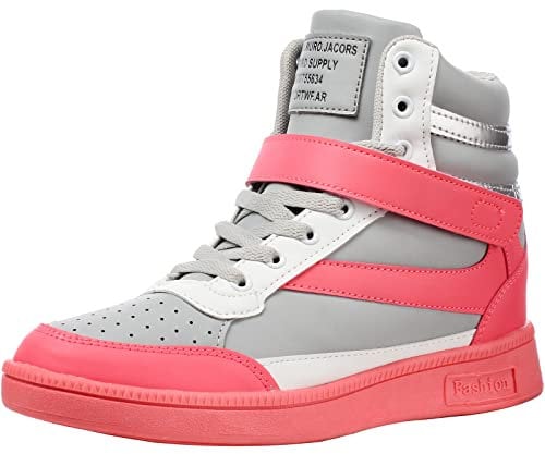 wealsex Basket Montante Compensées Femme Scratch Lacets PU Cuir Chaussure Mode Confort (36 EU, Rose et Gris)