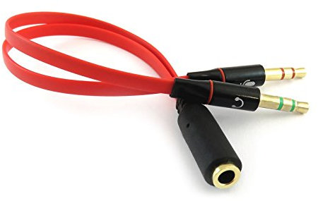 iXium 3.5mm Female to 2 Male Headphone Headset Microphone Y Splitter Audio Adapter Cable for PC Computer and Laptop - Red
