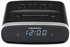 GRUNDIG, Radio réveil FM, Double Alarme, Luminosité réglable, Affichage Digital Blanc, Noir et Silver, à Poser sur Le Chevet, Compact, Minuterie Intégrée