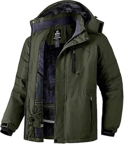 Wantdo Homme Veste de Ski Imperméable pour Voyage Manteau d'hiver Chaud Veste de Snowboard Outdoor Veste Randonnée Travail Coupe-Vent Vert Militaire S
