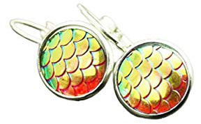 Ohrringe Fischhaut Schuppen Meerjungfrau Regenbogen schillernd orange rot grün Resin Ohrhänger Creole Brisur Cabochon silber bronze gold Juvelato