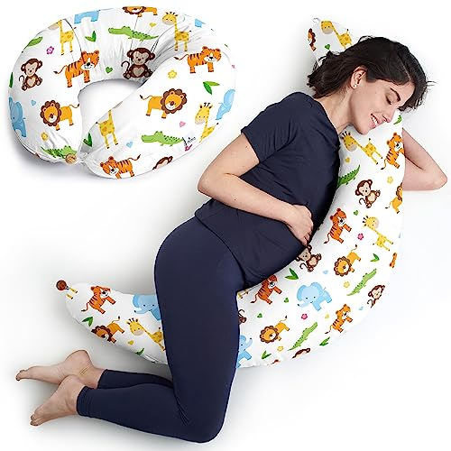 Niimo XXL 2-in-1 Schwangerschaftskissen & Stillkissen - 100% Baumwollbezug mit Faserfüllung, 100% Waschbar, Ergonomisch & Multifunktional, Dschungel (200 x 70 cm)