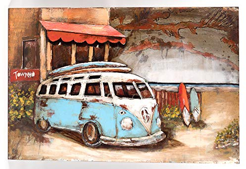 Vintage-Line Handgefertigtes Metallbild 3D-Optik Verschiedene Größen Kunst Bild Wandbild (Metallbild Strandbus Blau (ca. 120c80cm))