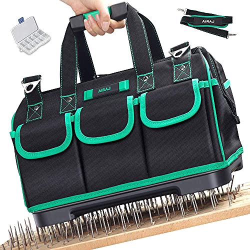 AIRAJ 16 dans un sac à outils, sac de rangement robuste avec large ouverture ouverte, sac fourre-tout multi-usage, sac en plastique avec bandoulière réglable, vert