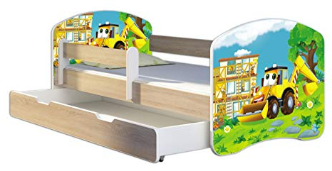 Kinderbett Jugendbett mit einer Schublade und Matratze Sonoma mit Rausfallschutz Lattenrost ACMA II 140x70 160x80 180x80 (20 Bagger, 180x80 + Bettkasten)