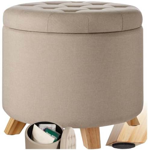 tectake® Storage Stool with Large Hidden Compartment, Upholstered Storage Ottoman in Linen Look with Quilted, Padded Lid & Wooden Legs, Round Footstool for Living Room, Bedroom, Hallway - Sand
