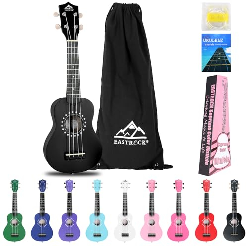 EastRock Ukulele Sopran 21 Zoll, Ukulele Kit für Anfänger mit Tasche, Saite, Bedienungsanleitung,Geeignet für Anfänger, Erwachsene, Profi-Künstler (Schwarz)