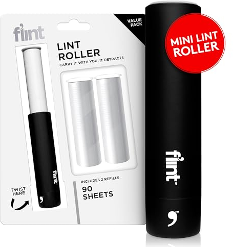 Flint Classic Black Retractable Mini Lint Roller with 90 Extra Sticky Sheets, Small and Portable Lint Roller, Ideal Pet Hair Remover, Travel Lint Rollers for pet Hair Extra Sticky