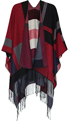 DiaryLook Damen Poncho Schal Winter Cardigan Übergroße Cape Elegant Poncho Für Frauen Umhang Damen Warm Geschenk Für Mutter Schwarz und Rot Gestreift