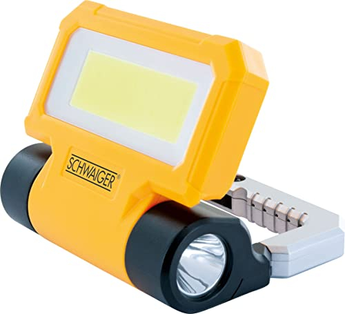 SCHWAIGER WL213 Arbeitsleuchte mit Taschenlampe Haken Magnete Arbeitsstrahler Baustrahler Werkstattlicht Arbeitslampe Taschenlicht Akku 180° drehbar gelb schwarz silber