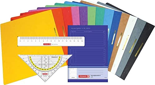 Brunnen Schnellhefter Pappe extrastark - GROßPACK bunt - 13 Stück bzw. Farben im Pack - inklusive 16cm Lineal, Geodreieck und Hausaufgabenheft