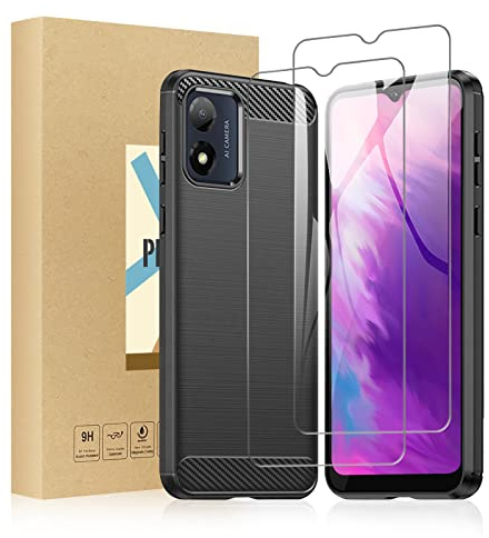 SCL Hülle Für Moto E13 Schutzfolie und Hülle Motorola E13 Handyhülle Moto E13, [2 Stück,9H Härte] Schutzfolie und Carbon-Faser Gebürstete Textur Design Schutzhülle [Schwarz]