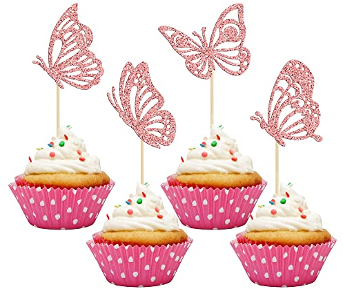 Gyufise 36Pcs Butterfly Cupcake Toppers Rose Gold Glitter Assembled Flying Butterfly Cake Topper Decorations for Wedding Engagement Bridal Shower Kids Birthday Party Cake Decorations