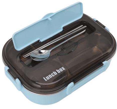 HUAOSN Bento Box Lunch Container, 5 Compartments, Large Capacity, Stainless Steel Lunch Box with Locking Clips, Dinner Plates, Soup Bowls, Chopsticks, Spoons (1.5 lb Blue)