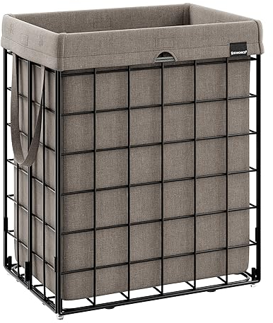 SONGMICS Wäschekorb 90 L, faltbarer Wäschesammler, abnehmbarer und waschbarer Wäschesack, Metalldrahtgestell, für Schlafzimmer, Bad, Waschküche, schwarz-kamelbraun LCB190N01