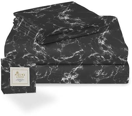 Pizuna Cotton Marble Black Print Double Bed Sheet Set 400 Thread Count | 100% Long Staple Printed Bedding Includes 1 Fitted Sheet 2 Pillowcases