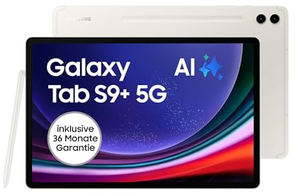 Samsung Galaxy Tab S9+ AI-Android-Tablet, 5G, 256 GB / 12 GB RAM, MicroSD-Kartenslot, Inkl. S Pen, Simlockfrei ohne Vertrag, Beige, Inkl. 36 Monate Herstellergarantie [Exklusiv bei Amazon]