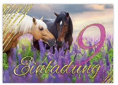 Minkocards 12 Einladungskarten zum 9. Kindergeburtstag Mädchen Pferde Einladung neunte Geburtstag Kinder bunte Geburtstagseinladungen
