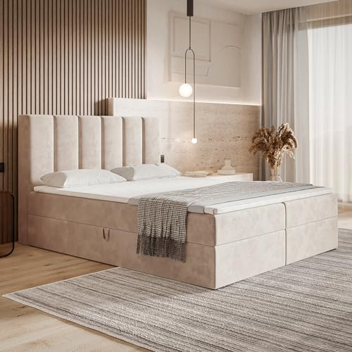 MOTIVENA Santiago Boxspringbett 180x200 mit Bettkasten und Topper, Polsterbett 180x200 mit Bettkasten, Taschenfederkern-Matratze (H3), Visco Memory-Foam Topper (H2), Samt, Beige (Creme)