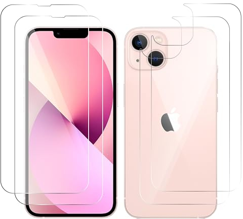 QUITECO Protector Pantalla + Cristal Trasera para iPhone 13 [2+2 piezas] 2 Protectores Cristal Templado y 2 Cristales Traseros
