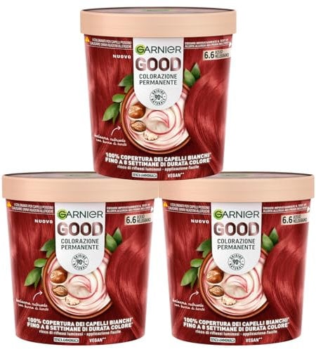 Garnier Good Tinta Colorazione Permanente Fino a 8 Settimane Colore Brillante e Luminoso Copre il 100% dei Capelli Bianchi Formula Vegana Senza Ammoniaca 6.6 Rosso Melograno - 3 Confezioni