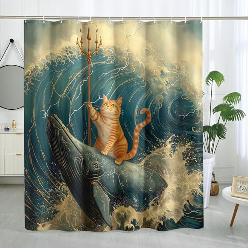 DESIHOM Duschvorhang mit japanischer Welle, Katze, Wal, cooler lustiger Duschvorhang, Badezimmerdekoration, Polyestergewebe, 183 x 183 cm