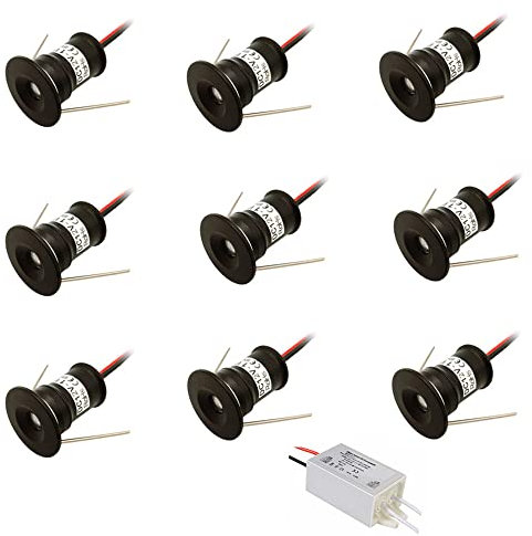 12V 9 Pack 1W Mini Downlight Recessed Celling Light for Kitchen, Stairs, Closet, Hallway,DIY Lighting Warm White Cold White Showcase Light Cabinet Downlight IP65 (Black shell, 30D warm white)