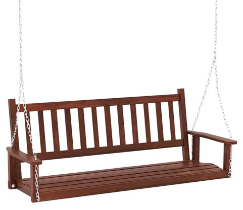 GOPLUS Balançelle Jardin 2/3 Places Extérieur, Chaise Hamac Siège Suspnedue en Bois avec Chaînes de Suspension Ajustables, Dossier à Lattes et Accoudoirs Lisses, Charge 230/360KG(168x65x63CM,Marron)