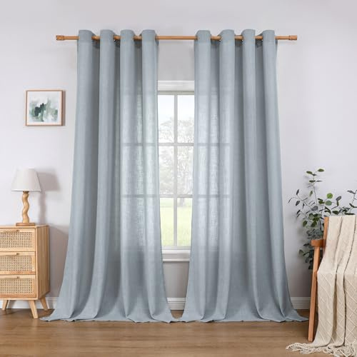 CUCRAF Linen Curtains Eyelet Sheer Net Voile 2 Panels 55 Width x 84 Drop Stone Blue