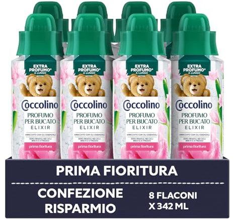 Coccolino Profumo per Bucato Prima Fioritura, Extra Profumo* a lungo. Efficace Anche a Freddo e nei Cicli Brevi, con note di fragranza Petali di Rosa, Bergamotto, Mughetto, 8 Pezzi da 342ml