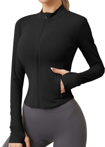 IECCP Sportjacke Damen Laufjacke Langarm Gym Tops Yoga Fitness Shirt Atmungsaktive Sportjacke Reißverschluss Leicht Trainingsjacke mit Daumenloch Schwarz XS