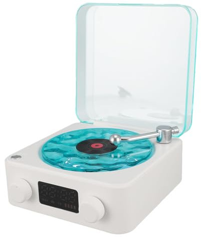 Bluetooth Lautsprecher im Plattenspieler Stil mit Nachtlicht und Zeitanzeige, 3 in 1 Multifunktions Klein Stereo Wireless Lautsprecher.
