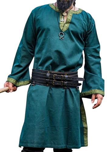 Leonardo Carbone® Tunika mit Bordüre Halvor - Mittelalter Kleidung Herren, Mittelalter Hemd, Freizeithemden Langarm, Karneval Kostüm, Wikinger Tunika, LARP Kleidung - 100% Baumwolle Grün XL